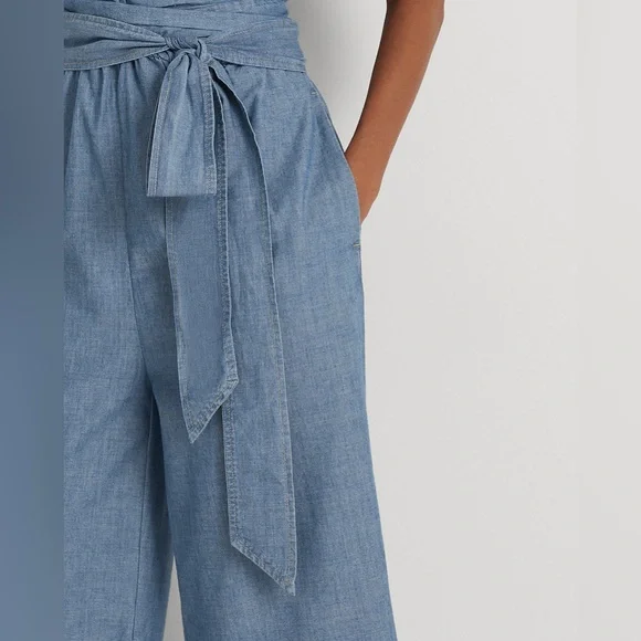 Lauren Ralph Lauren Blue Belted Chambray Wrap Jumpsuit - Picture 3 of 16